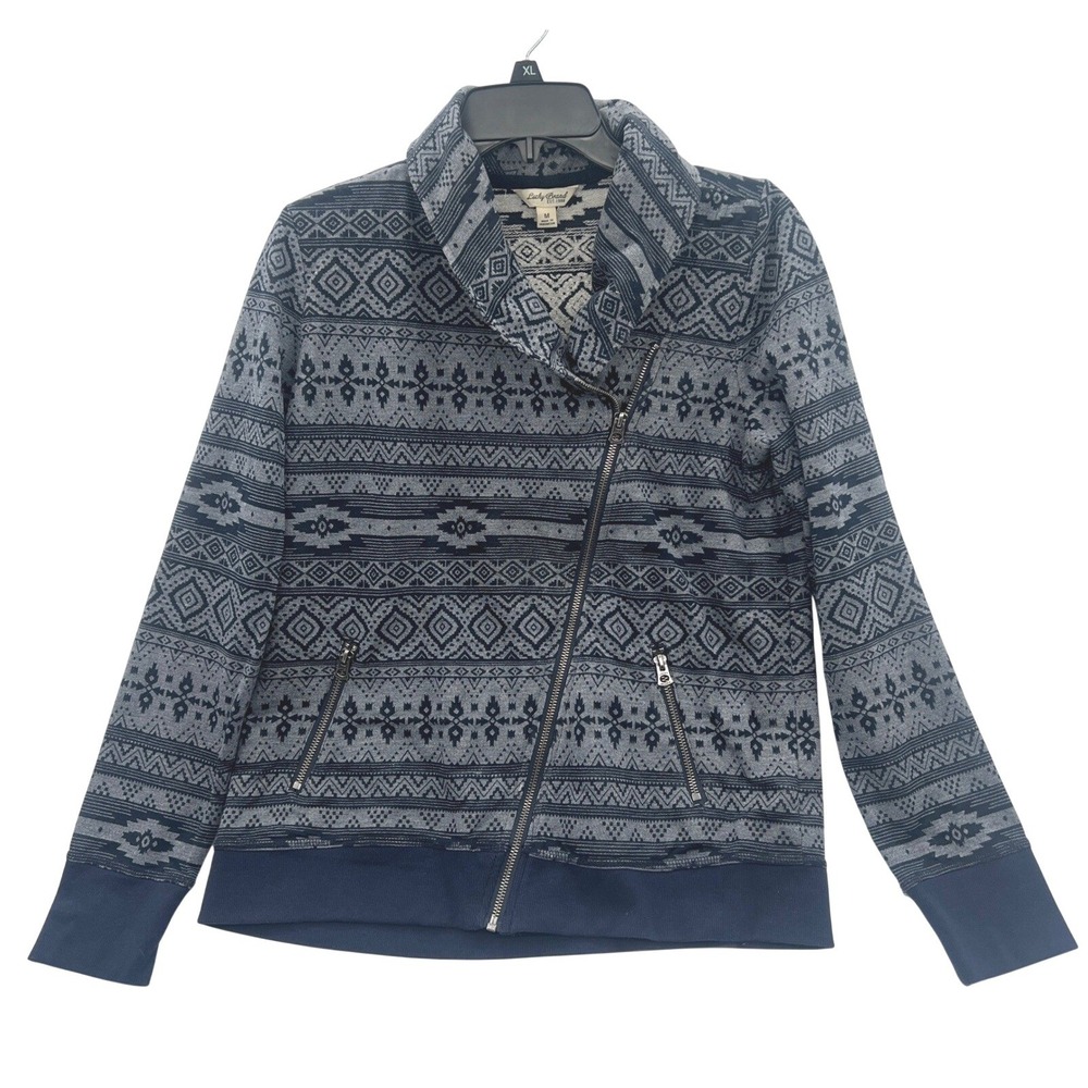 Lucky Brand Moto Jacket Size M Blue Gray Southwestern Aztec Boho Indie Knit